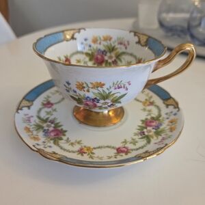 Floral Gold-Trimmed Teacup and Saucer Set